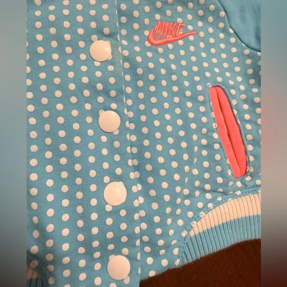 Nike Light Blue Polka Dot Jacket with White Trim Baby Girl 3-6 months